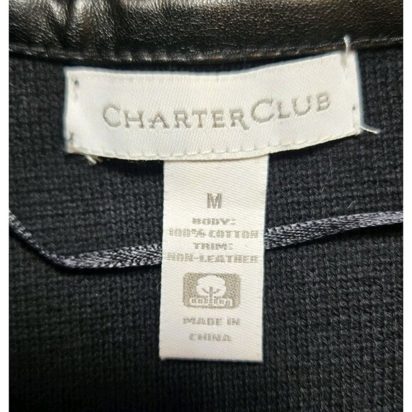 Charter Club Cardigan Sweater M Black Cotton Open Front Non-Leather Trim Pockets - Picture 6 of 9